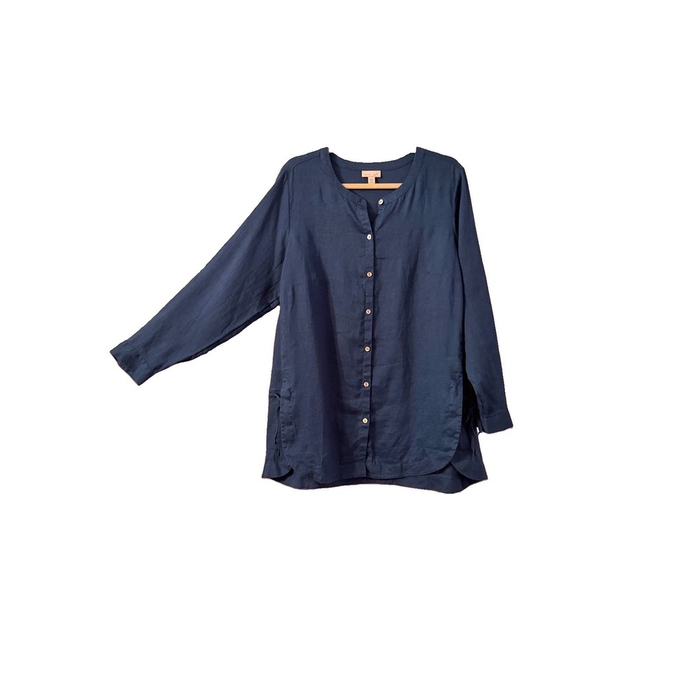 J. Jill Love Linen Tunic Top Size 1X Button Up Long Sleeves Oversized Coastal